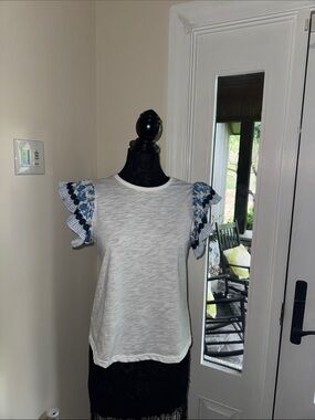 White Knit Top with Blue Floral Stripe Ruffle Sleeves